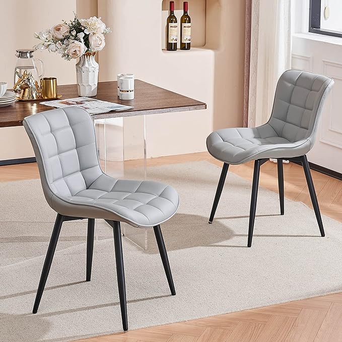 YOUTASTE Grey Dining Chairs Set of 2 PU Leather Upholstered Modern Armless Dining Room Chair with Back Metal Kitchen Dinner Accent Guest Chairs for Vanity Reception Waiting Room - LeafyLoom
