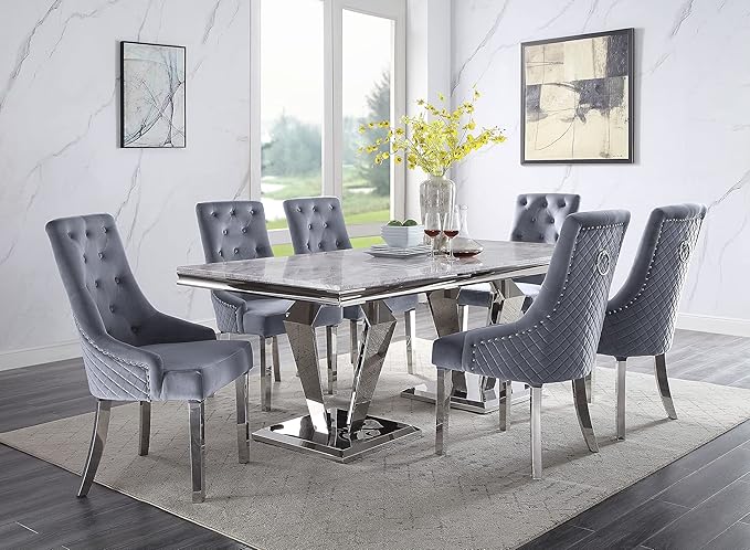 NicBex Dining Table Contemporary Kitchen Table Farmhouse Rustic Dining Table, Light Gray Printed Faux Marble & Mirrored Silver Finish Rectangular Dining Table, Easy Assembly, Light Gray - LeafyLoom