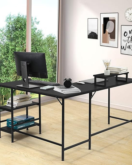 L-Shaped Desk,Corner Computer Desk with Storage Shelves,Large Gaming Desk PC Laptop Writing Workstation with Monitor Stand for Home Office Black - LeafyLoom