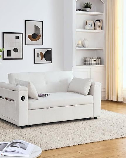 4 in 1 Multifunctional Convertible Loveseat Sleeper Sofa Bed,Soft Chenille Tufted Love Seats Sofabed W/Pull Out Sleep Couch,Armrests Storage,Cupholders,USB Ports,Pillows and Side Pockets - LeafyLoom