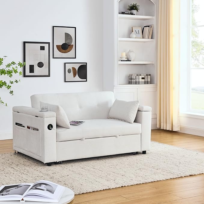 4 in 1 Multifunctional Convertible Loveseat Sleeper Sofa Bed,Soft Chenille Tufted Love Seats Sofabed W/Pull Out Sleep Couch,Armrests Storage,Cupholders,USB Ports,Pillows and Side Pockets - LeafyLoom