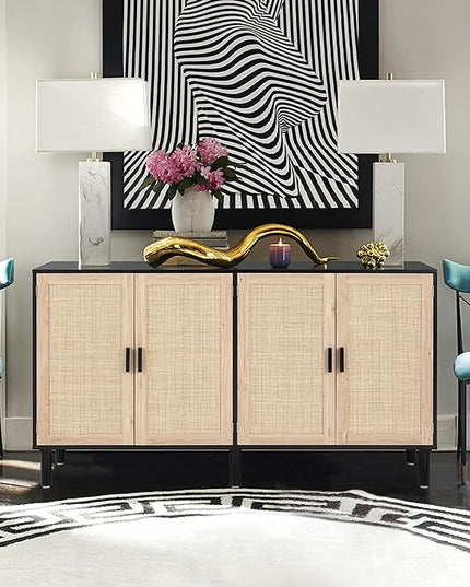 Finnhomy 4 Door Sideboard Buffet Cabinet, Kitchen Storage Cabinet with Rattan Decorated Doors, Cupboard Console Table, Boho Accent Liquor Cabinet, Bar Cabient, 62.3X 15.7X 34.6 Inches, Black - LeafyLoom