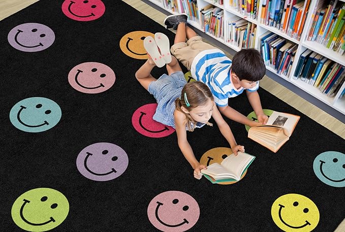 Flagship Carpets Schoolgirl Style Rainbow Smileys in Black Criss-Cross Applesauce Educational Area Rug for Kids Room, Children's Classroom for Teaching and Playroom, 5' x 7'6", Black & Multi, Seats 20 - LeafyLoom