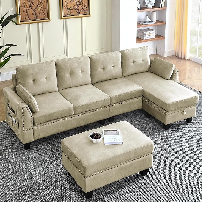 Velvet L Shaped Sofa with Reversible Chaise Lounge, Storage Ottoman, Pillows & Side Pocket, Button Tufted Backrest, 6-Seater Upholstered Corner Sectional Couches for Living Room Furniture Set - LeafyLoom