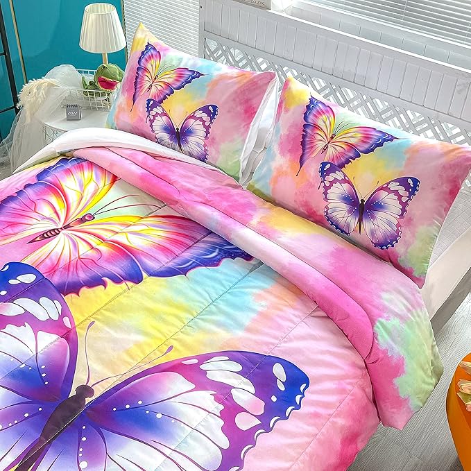 CVHOUSE Butterfly Bedding Set,Butterfly Comforter King,Butterfly Comforter Set for Girls Kids Teens,Butterflies Quilt Set with 1 Comforter and 2 Pillow Cases - LeafyLoom