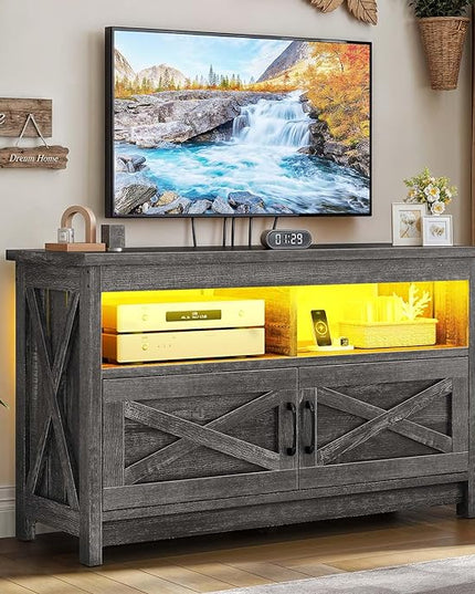 YITAHOME Media Console with LED Light and Power Outlet, Farmhouse TV Stand for up to 40 Inch TV, Rustic Entertainment Center Table TV Cabinet for Living Room, Dark Grey, 35'' Wide - LeafyLoom