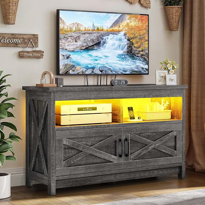 YITAHOME Media Console with LED Light and Power Outlet, Farmhouse TV Stand for up to 40 Inch TV, Rustic Entertainment Center Table TV Cabinet for Living Room, Dark Grey, 35'' Wide - LeafyLoom
