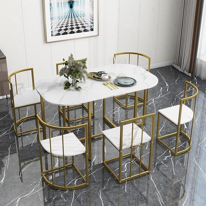 Dining Table Set for 6, 55 Inch Faux Marble Dining Room Table Set with 6 Chairs, Elegant and Compact Kitchen Table Set for Living Room, Dining Room and Small Space, Golden+White - LeafyLoom