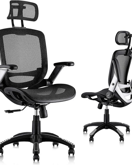 GABRYLLY Ergonomic Mesh Office Chair, High Back Desk Chair - Adjustable Headrest with Flip-Up Arms, Tilt Function, Lumbar Support and PU Wheels, Swivel Computer Task Chair - LeafyLoom