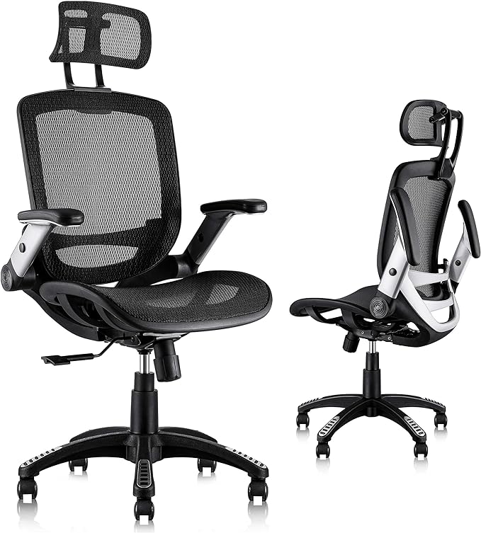 GABRYLLY Ergonomic Mesh Office Chair, High Back Desk Chair - Adjustable Headrest with Flip-Up Arms, Tilt Function, Lumbar Support and PU Wheels, Swivel Computer Task Chair - LeafyLoom