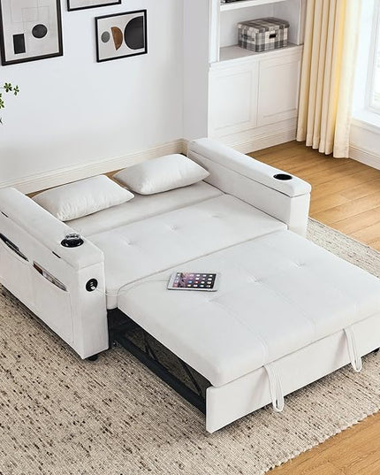 4 in 1 Multifunctional Convertible Loveseat Sleeper Sofa Bed,Soft Chenille Tufted Love Seats Sofabed W/Pull Out Sleep Couch,Armrests Storage,Cupholders,USB Ports,Pillows and Side Pockets - LeafyLoom