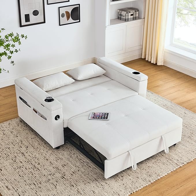 4 in 1 Multifunctional Convertible Loveseat Sleeper Sofa Bed,Soft Chenille Tufted Love Seats Sofabed W/Pull Out Sleep Couch,Armrests Storage,Cupholders,USB Ports,Pillows and Side Pockets - LeafyLoom