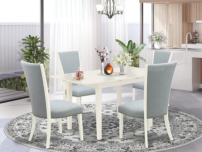 East West Furniture Norfolk 5 Piece Set Includes a Rectangle Dining Room Table with Butterfly Leaf and 4 Baby Blue Linen Fabric Parsons Chairs, 32x54 Inch, NFVE5-WHI-15 - LeafyLoom