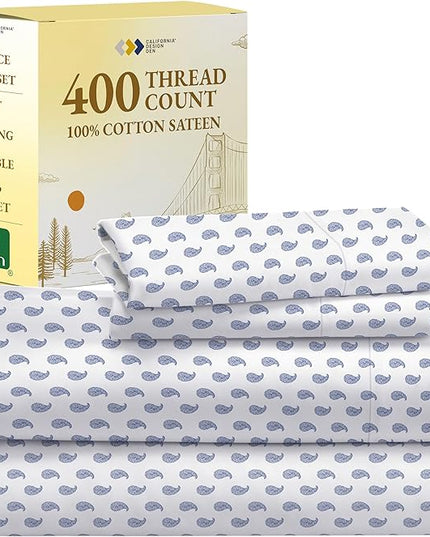 California Design Den Paisley Sheets for Twin-XL Size Bed, 100% Cotton Sheets Set Luxury 400 Thread Count Sateen, (Paisley Blue) - LeafyLoom