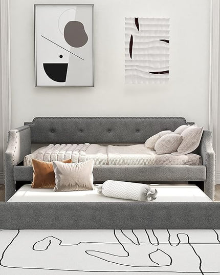 Twin Size Linen Upholstered Daybed with Trundle,Wooden Frame Armrests Bed,W/Wood Slat Support,Arched Back & Nailhead Trim,for Kids,Dorms and Guest Bedrooms,Gray - LeafyLoom