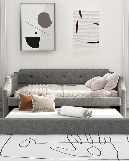 Twin Size Upholstered Daybed with Trundle, Sofa Bed Wood DayBed Frame, No Box Spring Needed, Gray - LeafyLoom