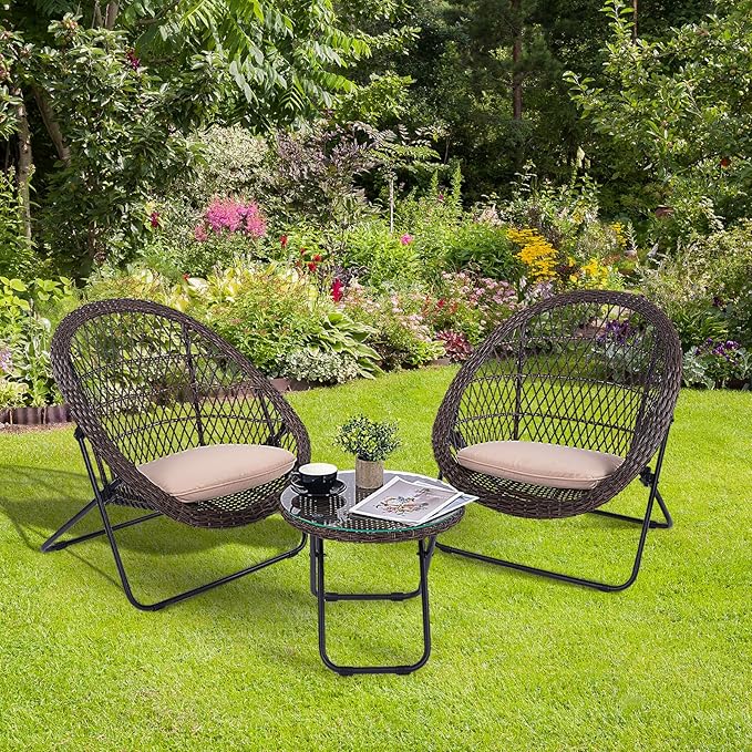 BACKYARD EXPRESSIONS PATIO · HOME · GARDEN 3 Pc 3 Piece Folding Outdoor Bistro, Wicker Furniture Table and Chairs for Garden, Backyard, Porch, Patio Conversation Set, Tan/Black - LeafyLoom