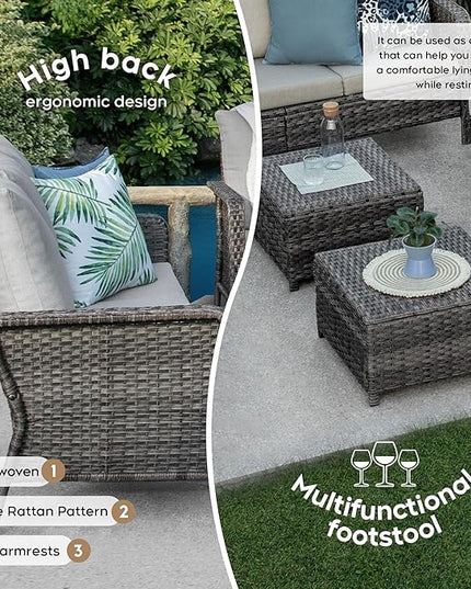Yechen Patio Conversation Set 9 Seats with 44" Propane Gas Fire Pit Table - 8 Pcs Outdoor Wicker Furniture Set with Lid & Wind Shields - Sectional Sofa Set for Porch,Backyard - LeafyLoom