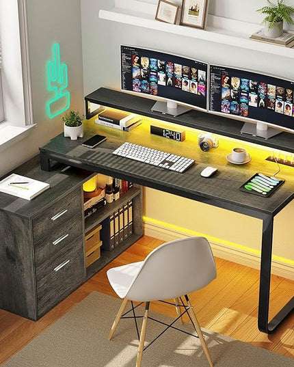 YITAHOME L Shaped Desk with Drawers, 55" Corner Computer Desk with Power Outlets, L-Shaped Desk with LED Lights & File Cabinet for Home Office, Grey - LeafyLoom