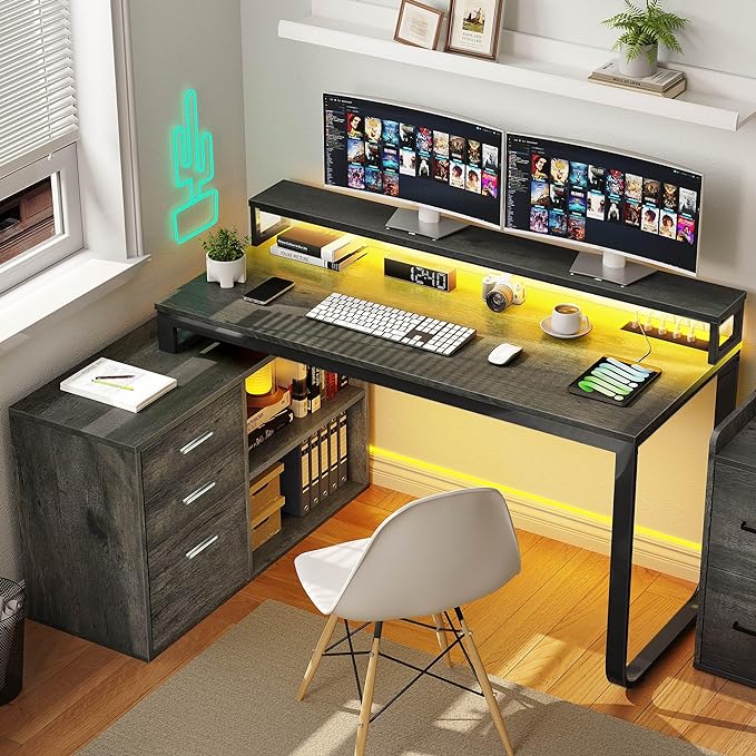 YITAHOME L Shaped Desk with Drawers, 55" Corner Computer Desk with Power Outlets, L-Shaped Desk with LED Lights & File Cabinet for Home Office, Grey - LeafyLoom