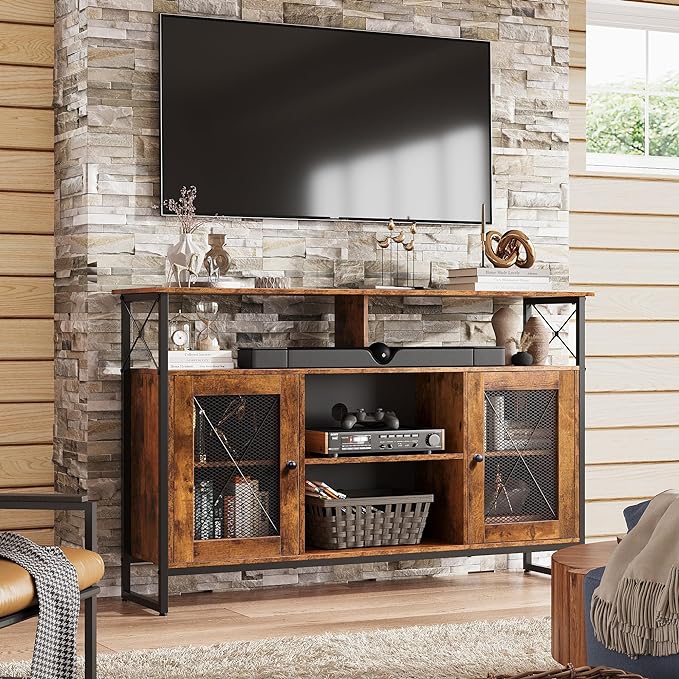 WLIVE TV Stand 55 inch TV,Tall Entertainment Center with Storage, Farmhouse Industrial TV Console for Bedroom Living Room, Rustic Brown - LeafyLoom