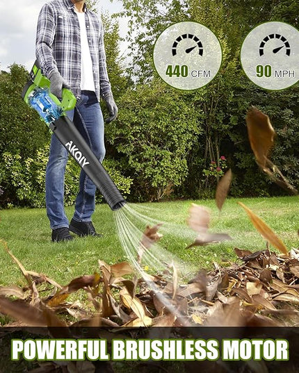 Cordless Leaf Blower - 90 MPH/440 CFM, Brushless Motor, Electric Leaf Blower, 2 X 21V 4.0Ah Battery and Charger,Lightweight and Powerful Battery Operated for Lawn Care, Yard, Garage Cleaning - LeafyLoom
