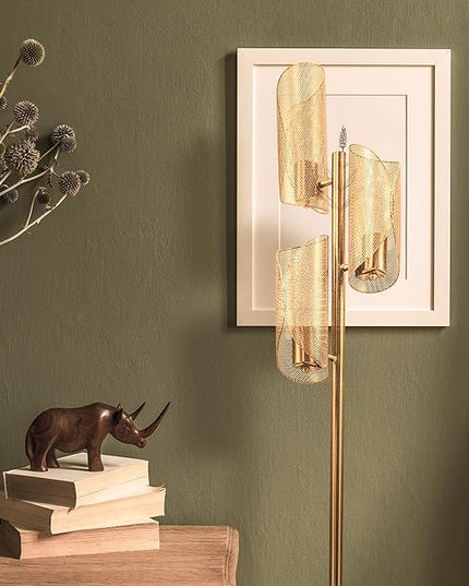Brightech Lyra LED Tree Floor Lamp for Mid-Century Modern, Contemporary, Industrial Décor, 3 Light Head Standing Lamp with Metal Cage Shade, Standing Pole Tall Lamp for Living Room, Bedroom - Brass - LeafyLoom