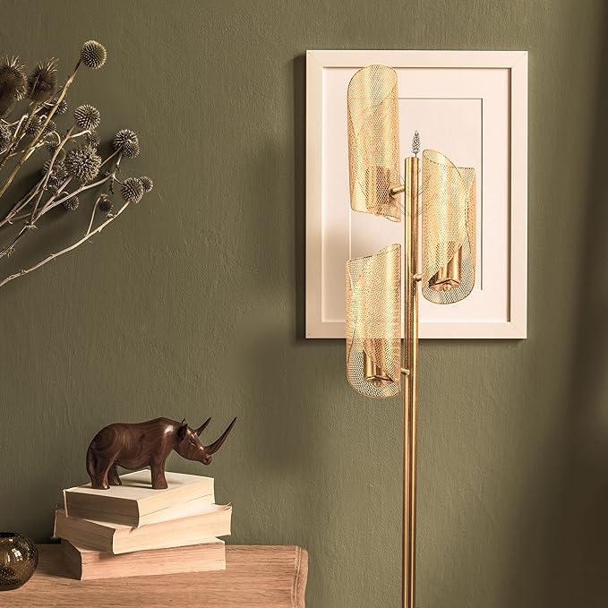 Brightech Lyra LED Tree Floor Lamp for Mid-Century Modern, Contemporary, Industrial Décor, 3 Light Head Standing Lamp with Metal Cage Shade, Standing Pole Tall Lamp for Living Room, Bedroom - Brass - LeafyLoom