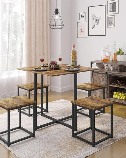 Yaheetech 5 Piece Dining Table & Chair Set - Compact Dining Table Sets Small Kitchen Table with 4 Stools for Dining Room Small Space -Rustic Brown - LeafyLoom