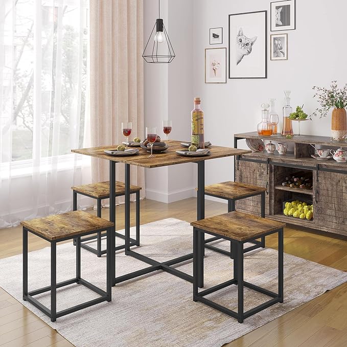 Yaheetech 5 Piece Dining Table & Chair Set - Compact Dining Table Sets Small Kitchen Table with 4 Stools for Dining Room Small Space -Rustic Brown - LeafyLoom