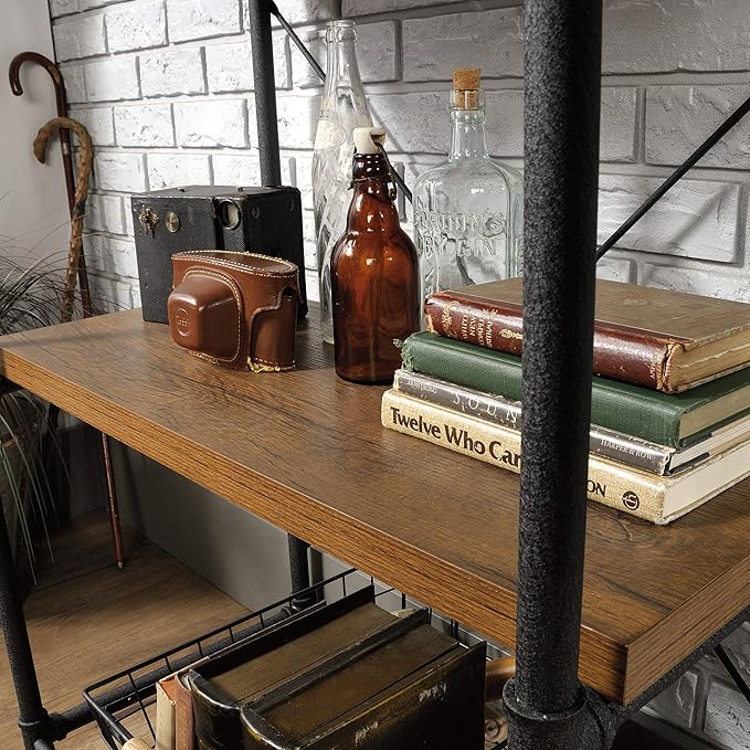 Sauder Iron City Tall Bookcase/book shelf, Checked Oak finish - LeafyLoom
