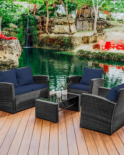 Nestl Wicker Outdoor Furniture Set - 4 Piece Patio Set (Grey/Navy) - LeafyLoom