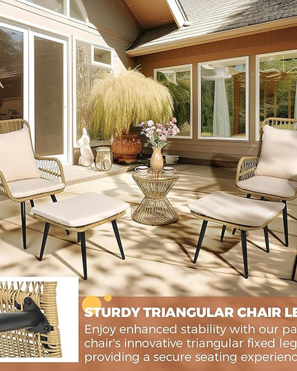 Pamapic 5 Piece Outdoor Patio Bistro Set, Conversation Sets with Ottoman, Rattan Wicker Outdoor Balcony Furniture Chairs for Poorside Garden Balcony, Cream - LeafyLoom