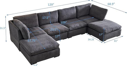 U Shaped Down Filled Oversized Cloud Couch with Double Chaise, Deep Seat Free Combination Convertible Corner Sectional Sofa Bed with Detachable Backrest and Wooden Legs for Living Room Office - LeafyLoom