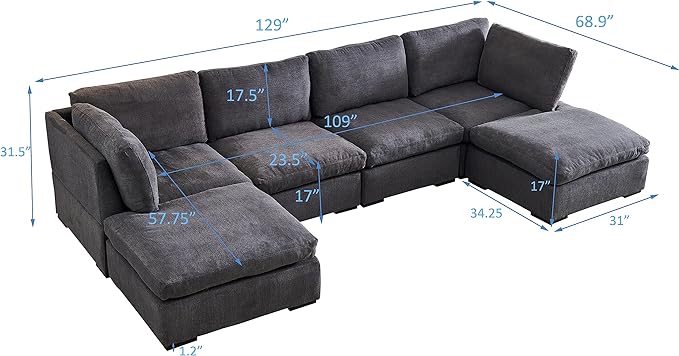 U Shaped Down Filled Oversized Cloud Couch with Double Chaise, Deep Seat Free Combination Convertible Corner Sectional Sofa Bed with Detachable Backrest and Wooden Legs for Living Room Office - LeafyLoom