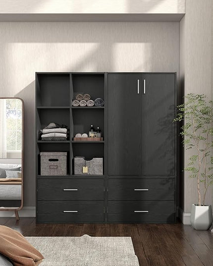 Apexa Stackable Wood Bookcase with Doors, Cube Storage Organizer Shelves, Small Food Pantry, Dorm Teen Room Decor & Bedroom, Home Office, Kitchen, 3-Tier Cabinet, Black - LeafyLoom