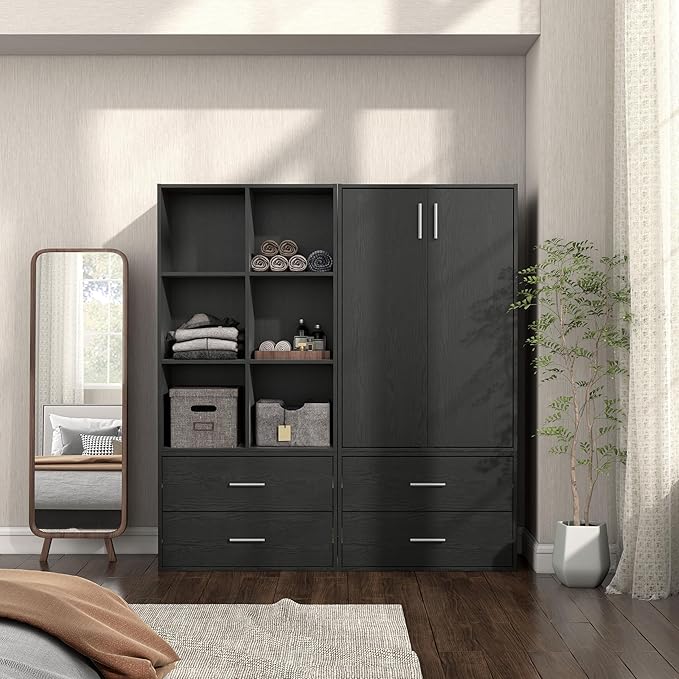 Apexa Stackable Wood Bookcase with Doors, Cube Storage Organizer Shelves, Small Food Pantry, Dorm Teen Room Decor & Bedroom, Home Office, Kitchen, 3-Tier Cabinet, Black - LeafyLoom