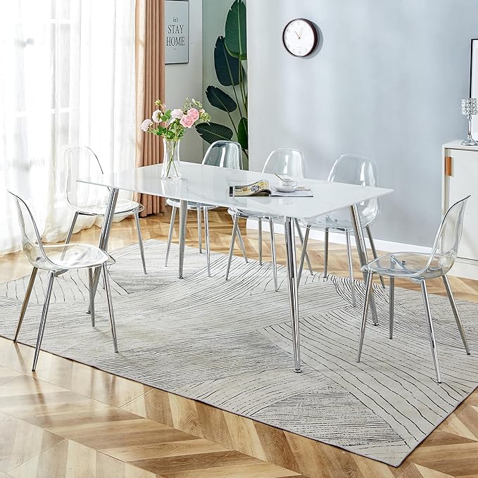 NicBex Modern Minimalist Rectangular Dining Table with 0.4 Inch White Imitation Marble Tabletop and Silver Metal Legs Suitable for Kitchens, Restaurants, and Living Rooms, White - LeafyLoom