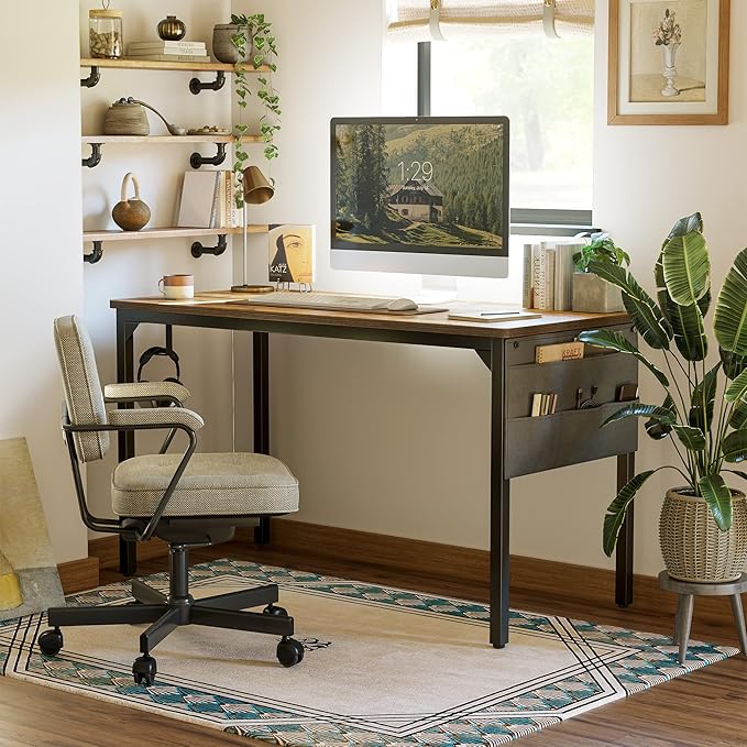 BANTI Computer Desk, 47 inch Home Office Writing Study Desks with Storage Bag, Small PC Table, Modern Simple Style for Space-Saving, Rustic Brown - LeafyLoom