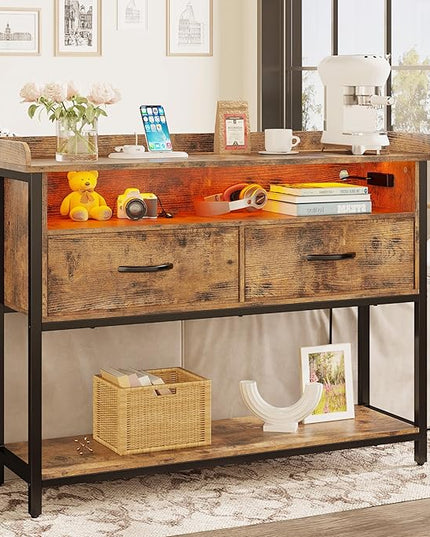 IRONCK Entryway Table with Power Outlet and LED Light, Console Table with 2 Fabric Drawers and Storage Shelves for Entryway, Living Room, Hallway, Vintage Brown - LeafyLoom