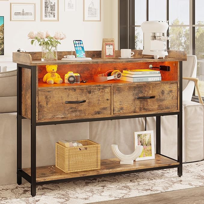 IRONCK Entryway Table with Power Outlet and LED Light, Console Table with 2 Fabric Drawers and Storage Shelves for Entryway, Living Room, Hallway, Vintage Brown - LeafyLoom
