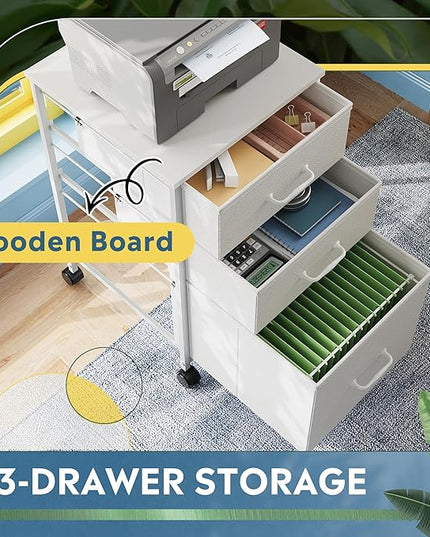 DEVAISE Mobile File Cabinet, Rolling Printer Stand with 3 Drawers, Fabric Vertical Filing Cabinet fits A4 or Letter Size for Home Office, White - LeafyLoom