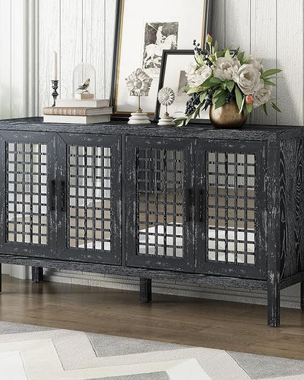 Merax Sideboard Buffet Cabinet, with Storage and 4 Mirror Doors, Retro Farmhouse Style, for Living, Dining Room and Kitchen, Black - LeafyLoom