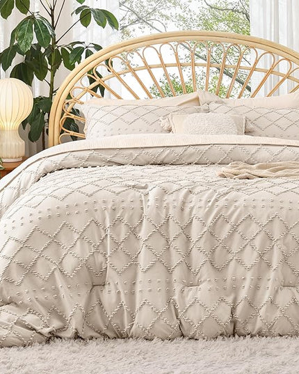 Bedsure Full Size Comforter Set - Beige Comforter, Boho Tufted Shabby Chic Bedding Comforter Set, 3 Pieces Vintage Farmhouse Bed Set for All Seasons, Fluffy Soft Bedding Set with 2 Pillow Shams - LeafyLoom
