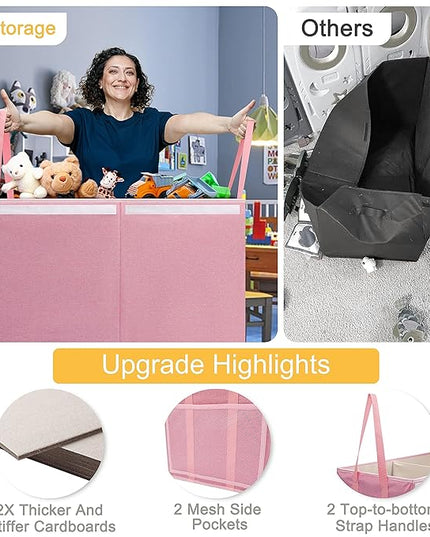 Large Toy Box for Boys Girls Toy Chest Kids Toy Storage Organizer Collapsible Toy Storage Bin Basket with Two Mesh Pockets for Nursery Playroom Bedroom Living Room Organization - LeafyLoom