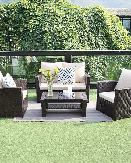 4 Piece Patio Furniture Sets, All-Weather Wicker Conversation Sets, Outdoor Rattan Sectional Sofa Chair with Cushions and Coffee Table for Balcony, Garden, Backyard, Brown - LeafyLoom
