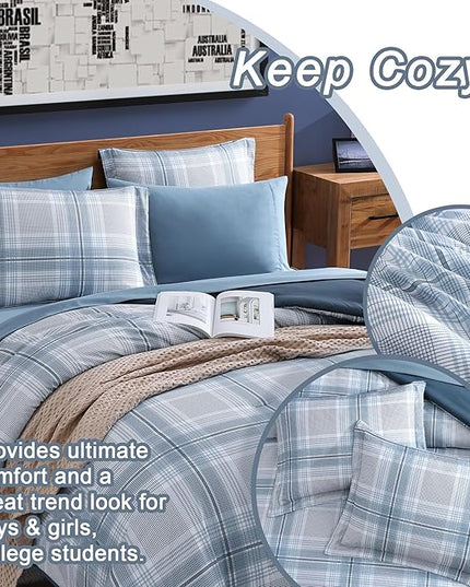 Light Blue Twin Bed Set, Plaid Twin XL Comforter Set for Boys & Girls,Classic Homestead-style Twin Comforter Set with Sheets and Comforter Set - LeafyLoom