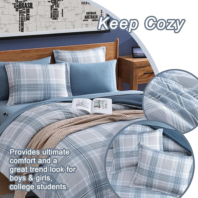 Blue King Size Comforter, Dorm Plaid Light Blue King Bedding Set Homestead-style King Size Bed Set for Bedroom (Light Blue,King,102"*90") - LeafyLoom