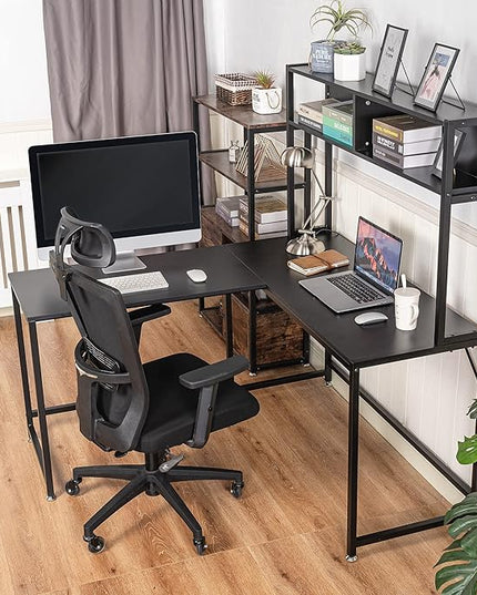 Becko US L Shaped Desk with Hutch, 56 Inch Corner Computer Desk, Home Office Writing Desk with Storage Shelves, Space Saving (Black) - LeafyLoom
