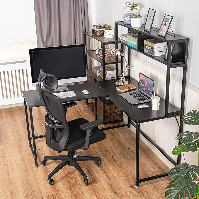 Becko US L Shaped Desk with Hutch, 56 Inch Corner Computer Desk, Home Office Writing Desk with Storage Shelves, Space Saving (Black) - LeafyLoom